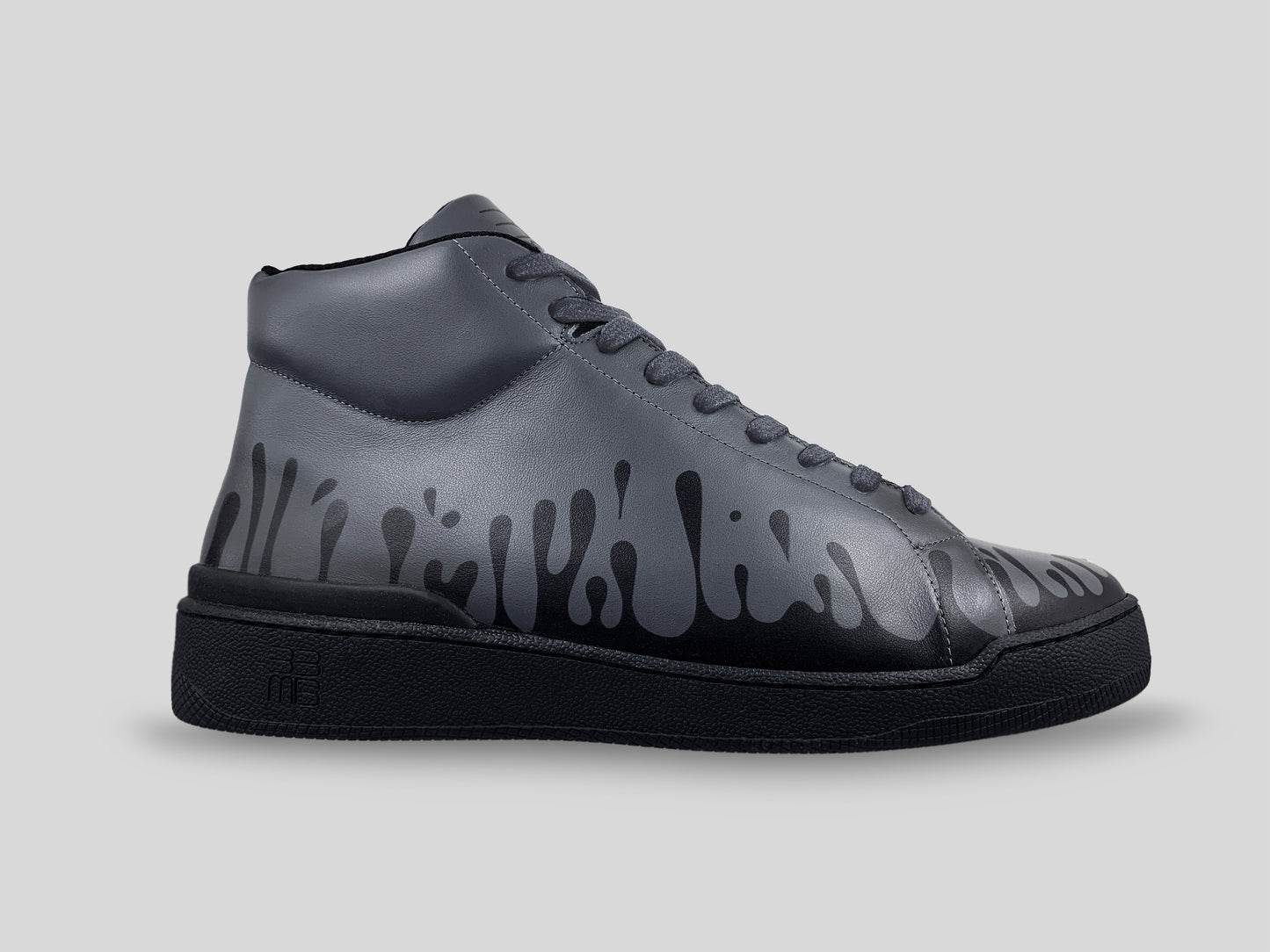 Dark grey Chrome-free Nappa leather mid-top sneaker with exclusive printed black drops design and black sole