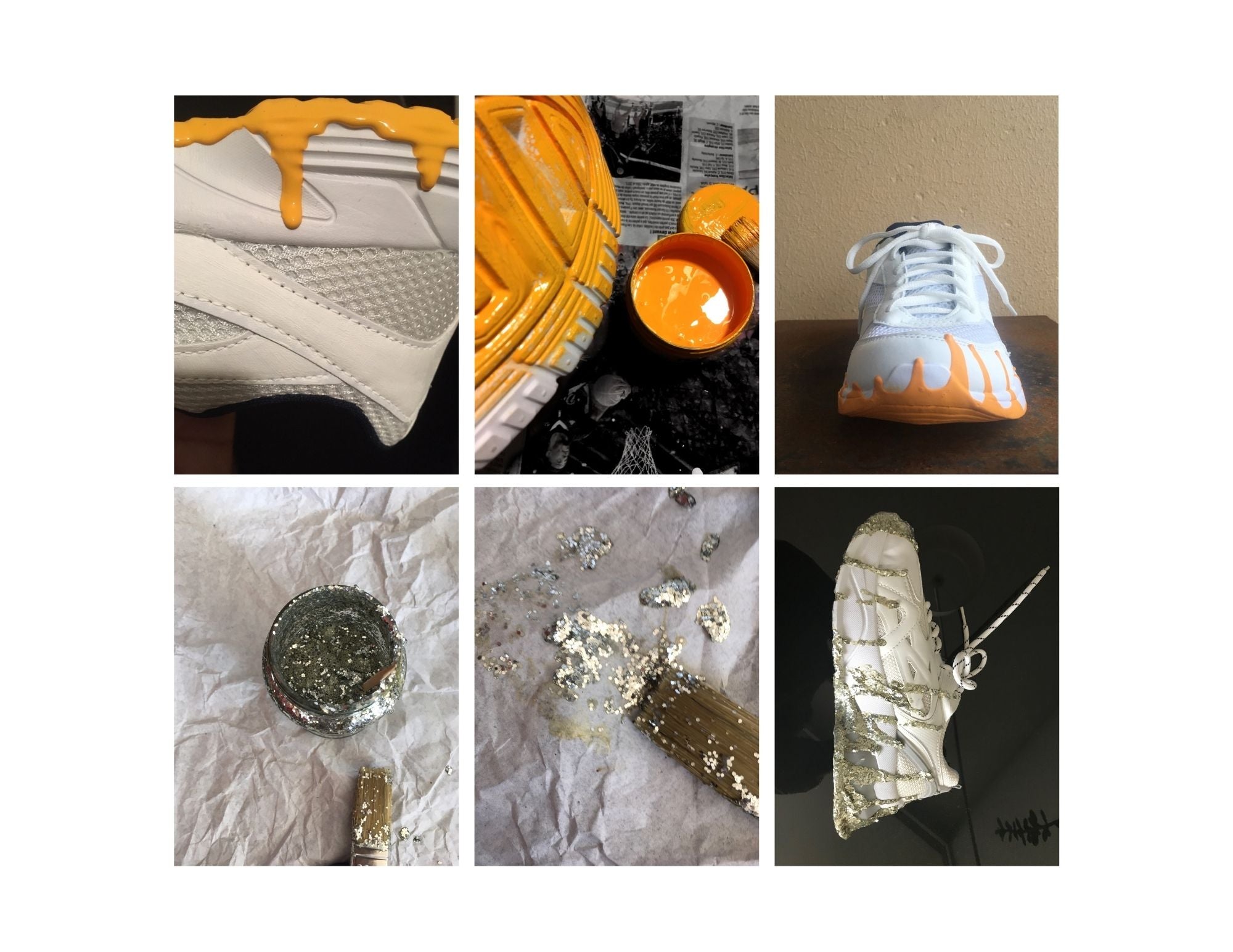 Collage of images showing the original Zero Gravity® upward-drop prototype: paint dripping on a sneaker and the final product of a sneaker with upward orange drops, and images of glitter paint and a sneaker with what looks like upward drops of glitter paint on it.