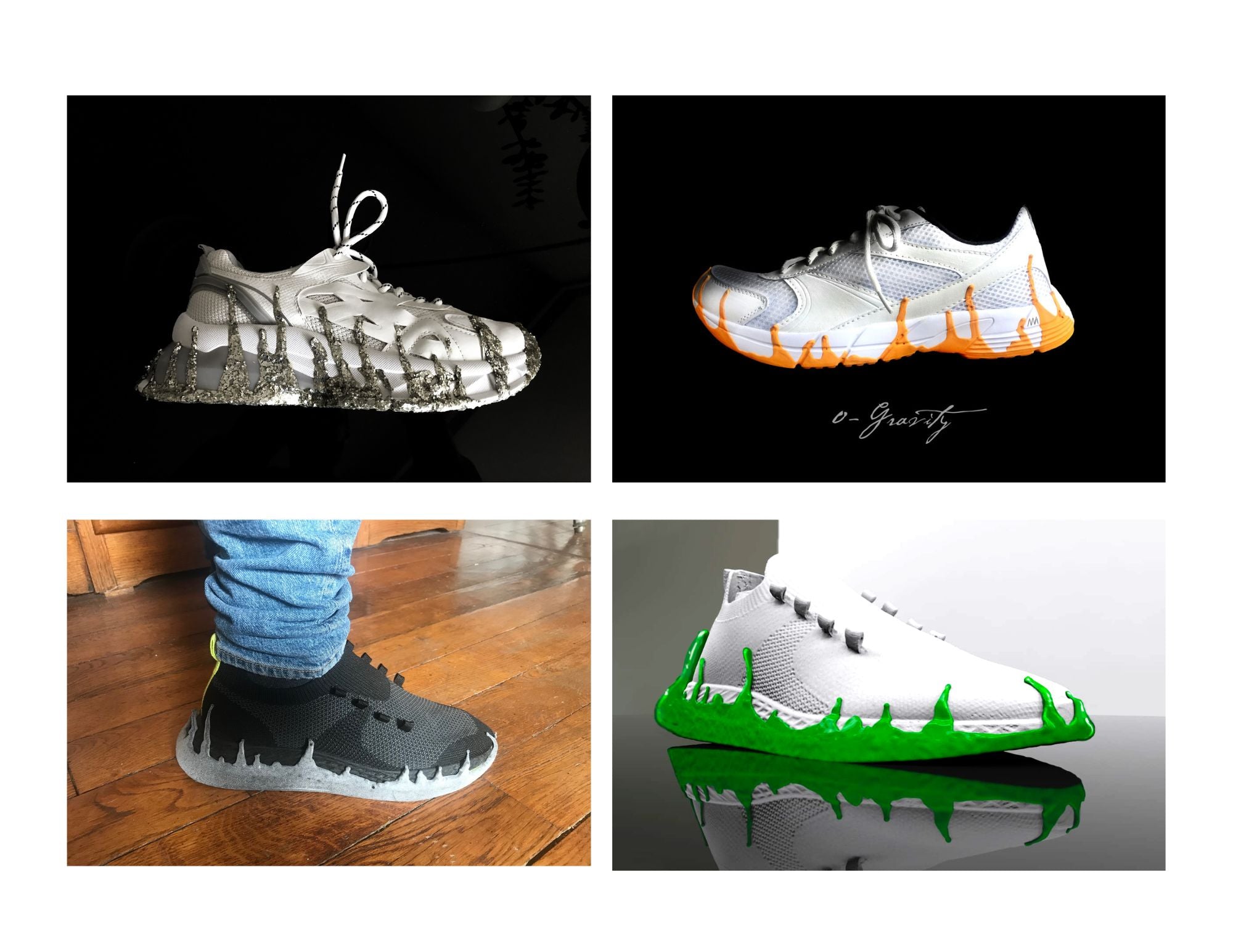 Collage of various sneakers with unique painted or 3D upward-drop designs. 