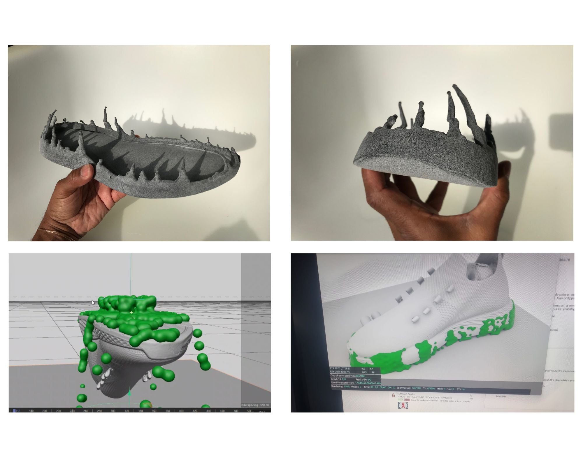 Collage of images showing the Zero Gravity® prototypes: 3D-printed sole design from the side and the back, and a 3-D printed shoe designs and its transformation into a finished product.