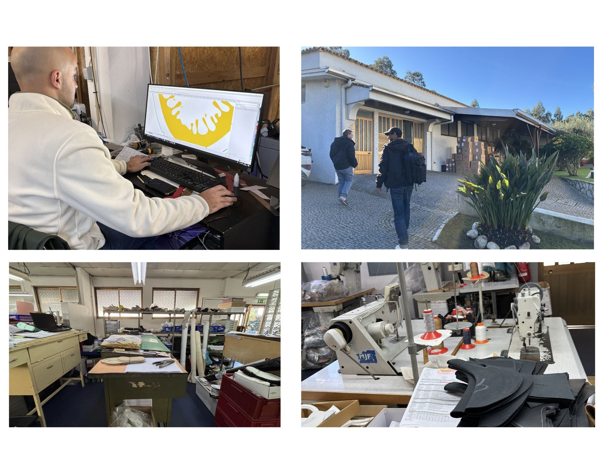 Collage of four images: a person at a computer, two people walking outside, a room with sewing machines, and studio with patterns and fabric.