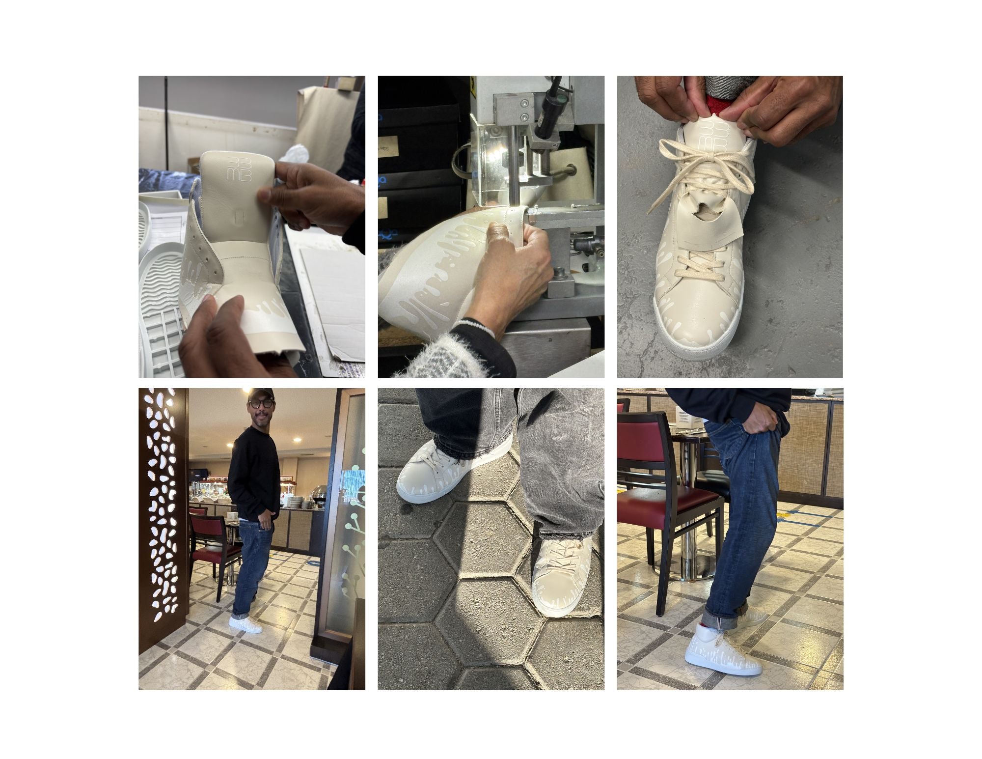 Collage of images showing Miguel Berthelot, 33MB Founder, wearing and interacting with 33MB Dawn cream leather sneakers in various settings.