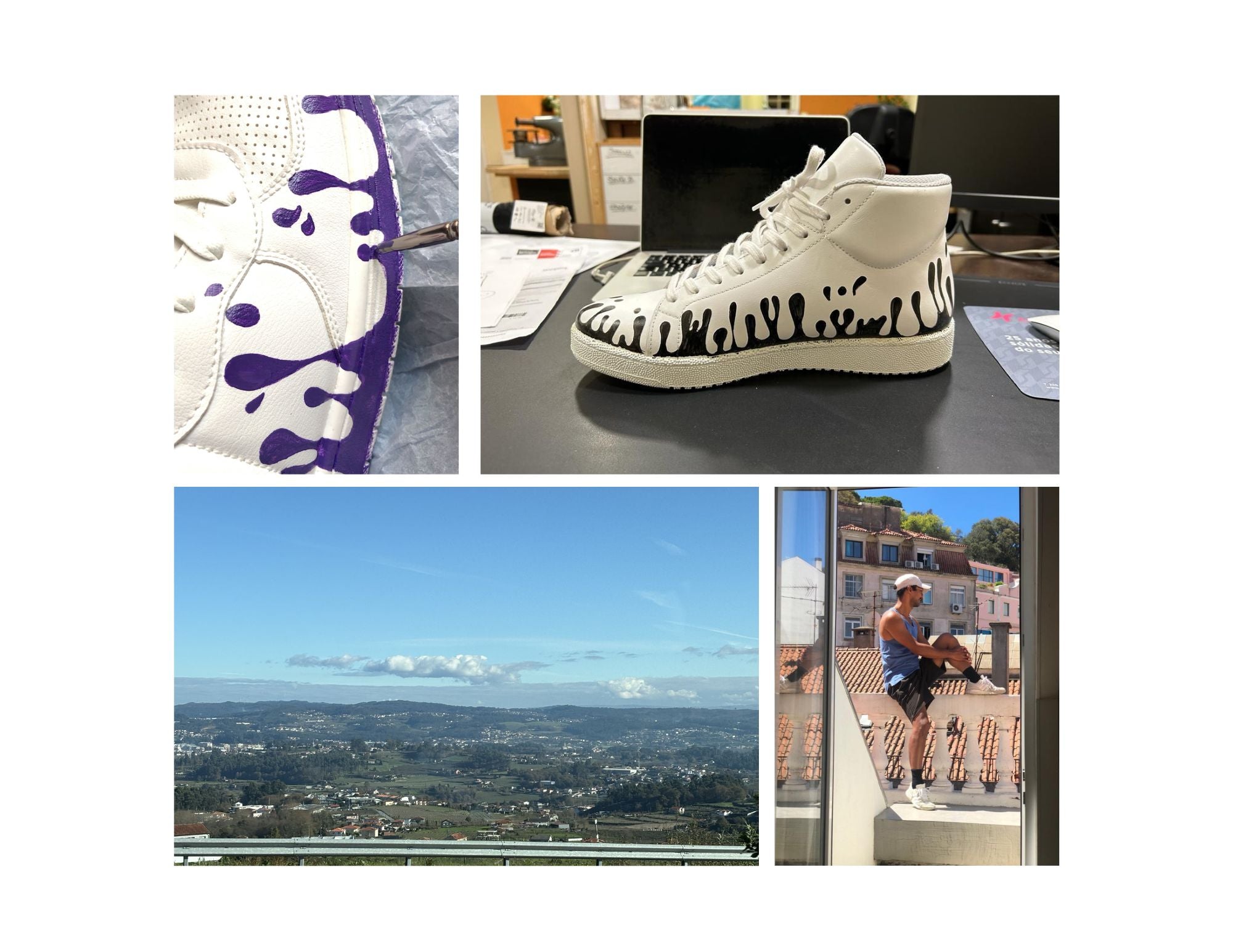 Collage of initial 33MB sneakers, with painted upward-drops, a scenic view, and Miguel Berthelot, 33MB Founder in Lisbon on a balcony.