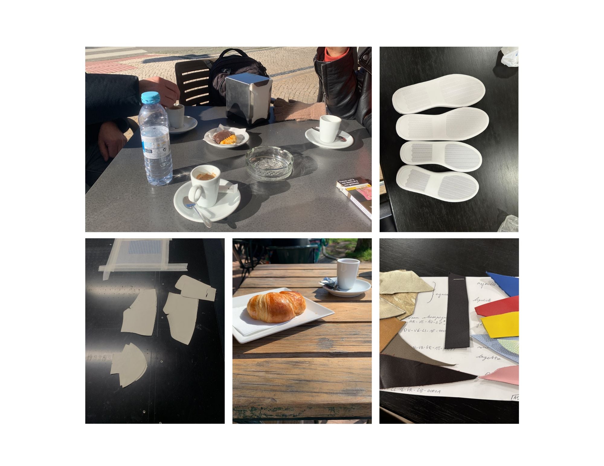 Collage of images including a table with coffee and snacks, white insoles on a black surface, 33MB sneakers pattern on a  table and a croissant on a plate.