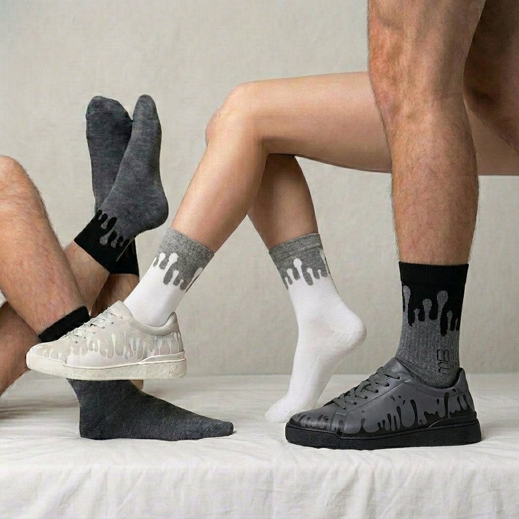 Two models showcasing 33MB footwear and socks. One wears white Lunar socks and Nuage light grey suede sneakers. A second model wears dark grey Nighty low sneakers and Eclipse socks, both featuring  Zero Gravity® signature motif  of drops moving upward to symbolize hope and constant positivity.