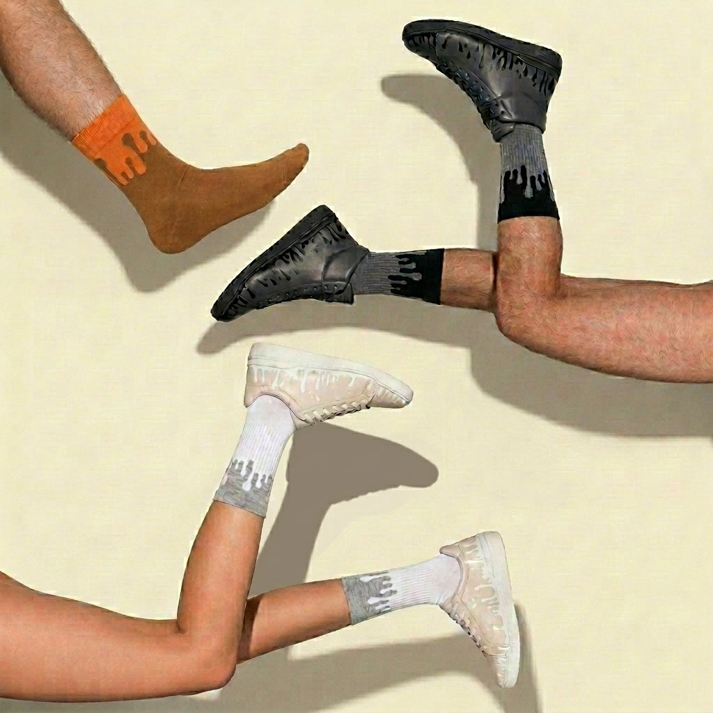 Three pairs of feet wearing different colored 33MB CoZyG socks and 33MB Sneakers featuring the Zero Gravity® upward drop design symbolising hope