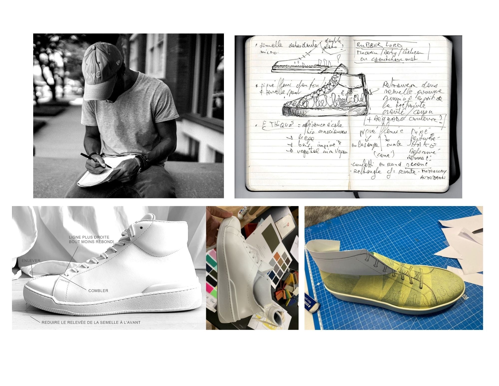 Collage of images including Miguel Berthelot 33MB Founder with a cap, a notebook with sketches of the first  Zero Gravity® upward-drop motif, a white sneaker with annotations and a sneaker with drawings on it.