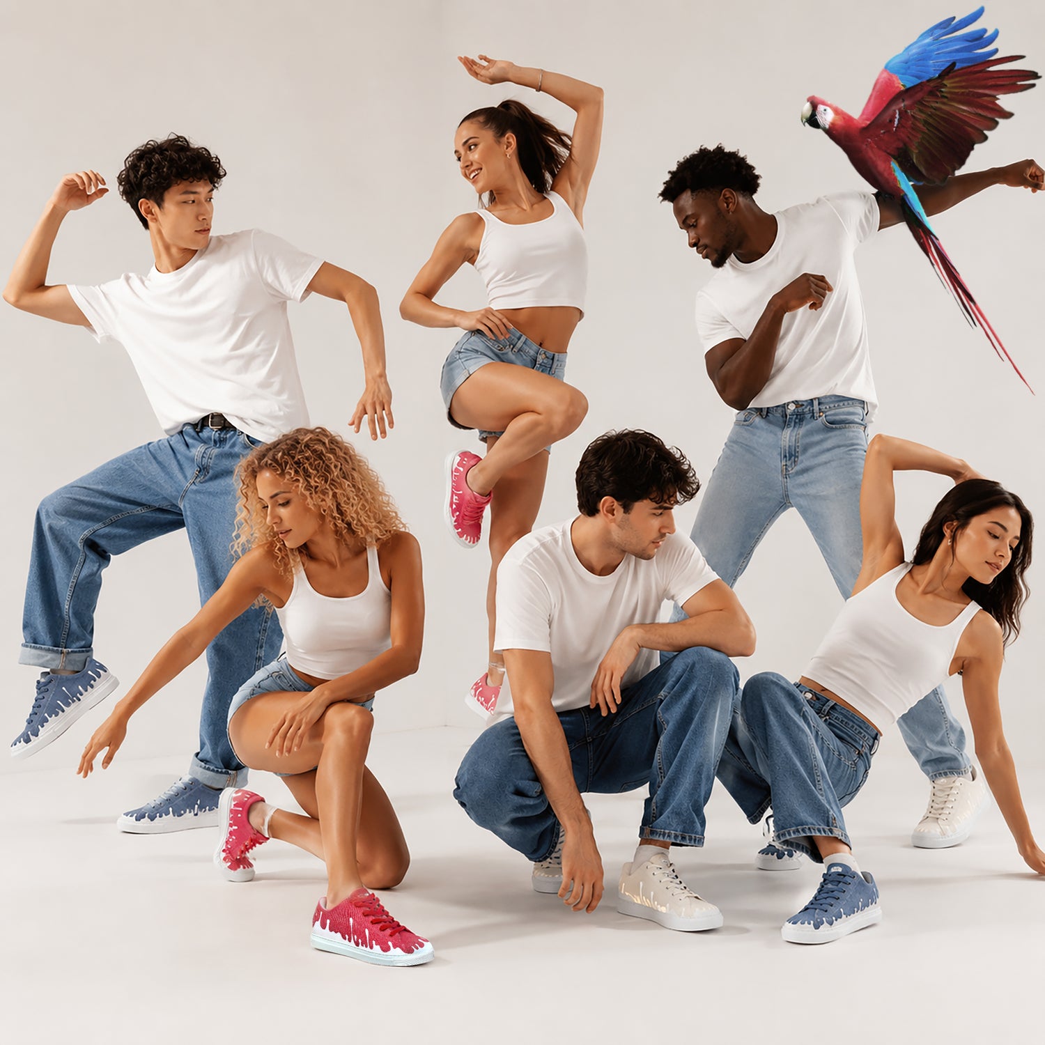 Group of people dancing in a studio with a parrot on a white background. Featuring the Canvas 33MB sneakers featuring the Zero Gravity motif of upward drops representing hope.