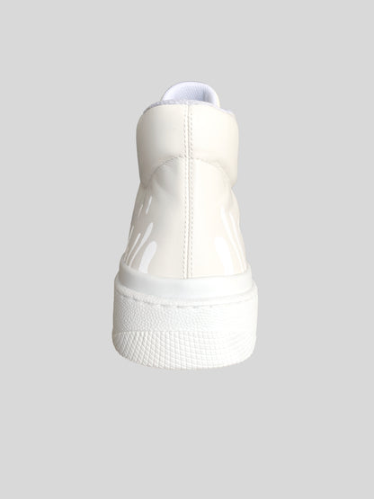 Back view of cream Chrome-free Nappa leather mid-top sneakers with exclusive printed white drops design  and white soles