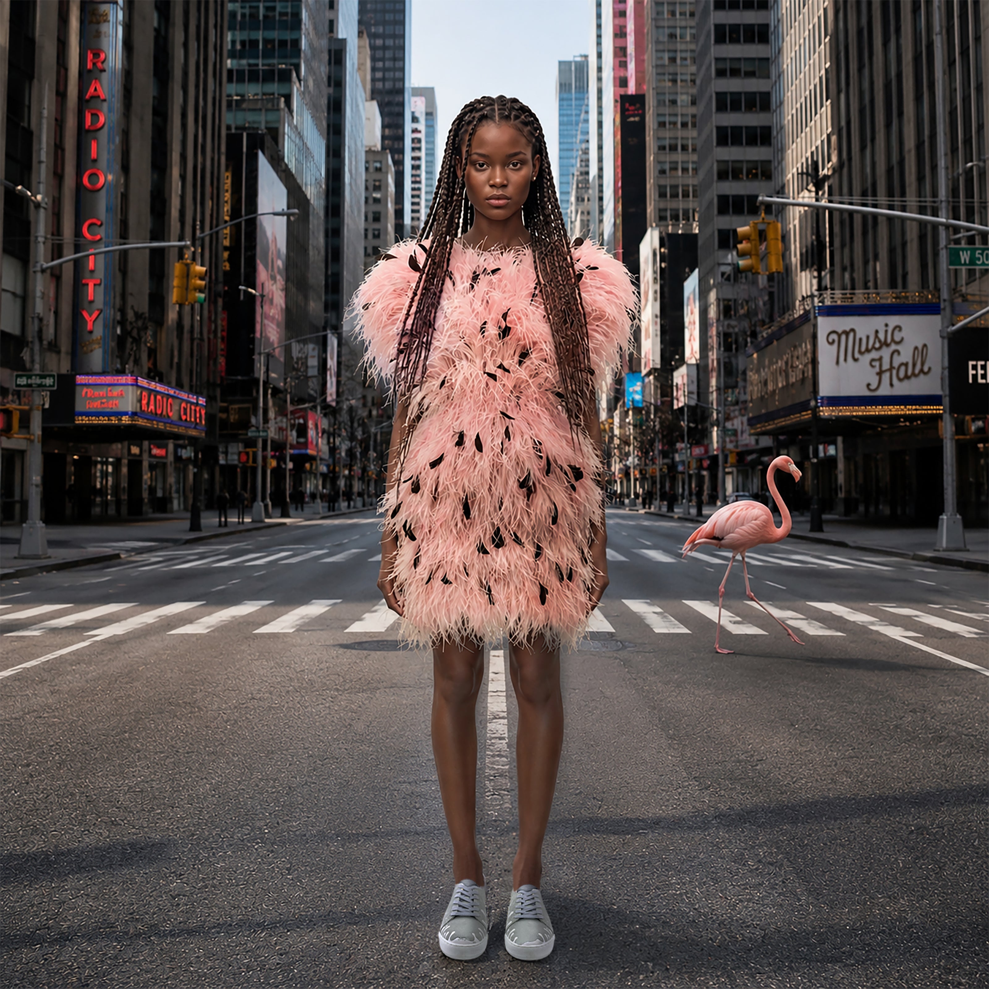 Woman wearing 33MB Splash  low dark grey statement suede sneakers with the signature Zero Gravity® motif of upward drops representing hope and a pink feather short dress in New York. A pink flamingo is crossing the street in the background.